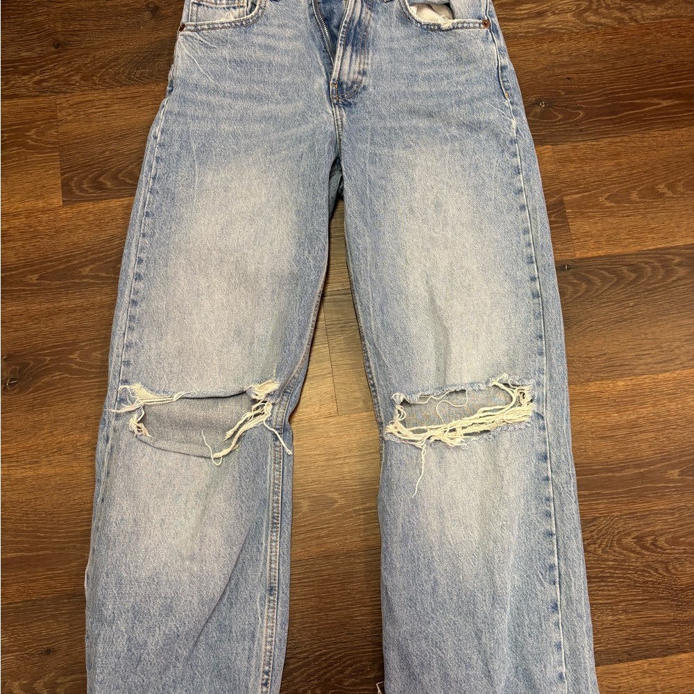 Zara Light Blue Distressed Women's Straight Leg Jeans